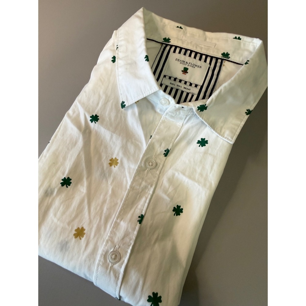 Denim & Flower Ricky Singh Mens Large White Shamrock St Patricks Day Shirt